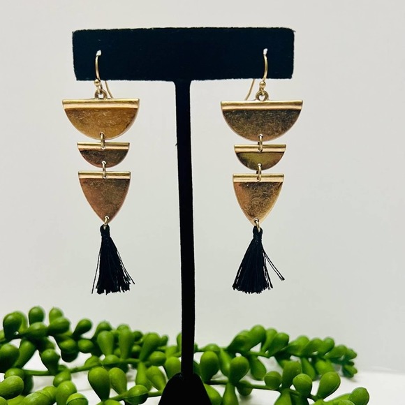 Brushed Gold Tiered Tassel Earrings Gold Black Dangle Boho Preppy Half Circle - Picture 2 of 6